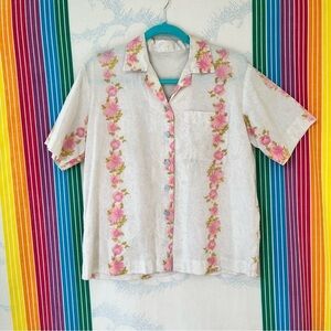 VINTAGE 70s pastel pink floral button front shirt cotton small medium